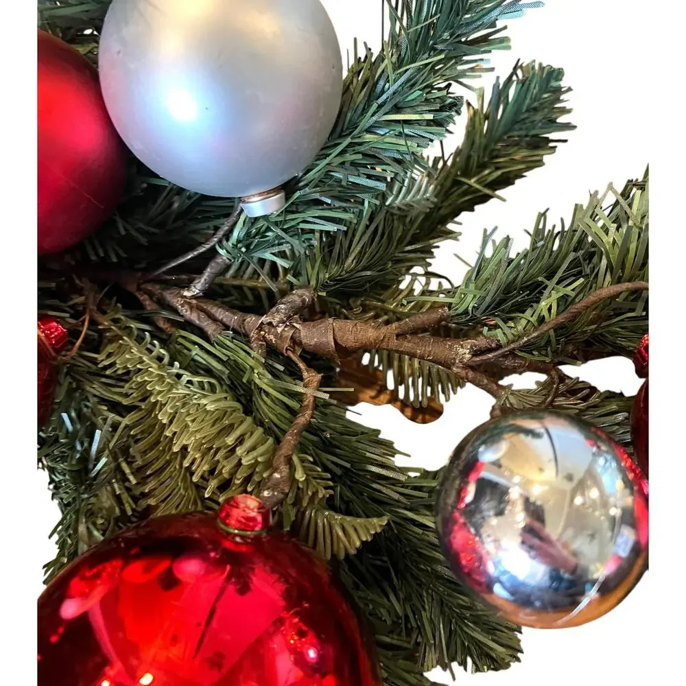Pottery Barn Christmas Pine Garland Green with Ornament Balls Red Silver 4.5'